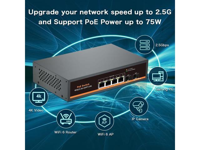 2.5G Unmanaged PoE Switch with 4 x 2.5G Base-T Ports and 2 x 10G SFP Uplink Port, Compatible with 100/1000/2500Mbps, Fanlesss Design, Plug & Play,...