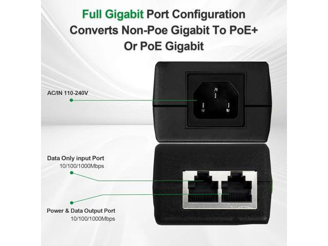 Gigabit PoE+ Injector for Ethernet, 30W 48V with 10/100/1000Mbps & IEEE 802.3af/at Compliance. Extend Network up to 100M (328 ft) Plug and PlayBlack