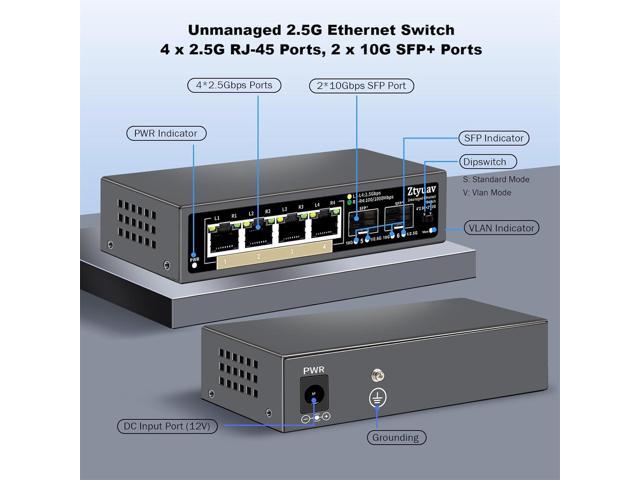6 Port Unmanaged 2.5G Ethernet Switch with 4 x 2.5G RJ-45 Base-T Ports, 2 x 10G SFP+, Ports Speed Auto-Negotiation-100/1000/2500Mbps, One-Key VLAN,...