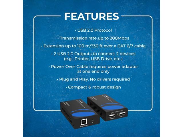 OREI USB 2.0 Over Ethernet Cat5e/6 Extender LAN Upto 330 Feet - Extends 2 Ports USB-A Signal Over LAN Ethernet - Power Over Cable for Long Distance...