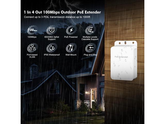 Outdoor PoE Passthrough Switch, 1 POE in 4 POE Extender, IEEE802.3af/at/bt Powered 90W, 100Mbps Ethernet, Wall Mount Waterproof Plug and Play