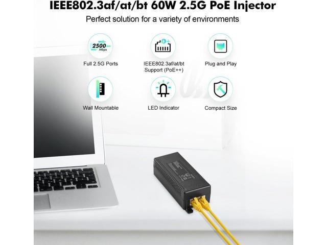 YuLinca 2.5 Gigabit PoE+ Injector, 802.3af/at/bt 60W Power Over Ethernet PoE Adapter, 100/1000/2500Mbps, Non-PoE to PoE Adapter, Plug & Play,...