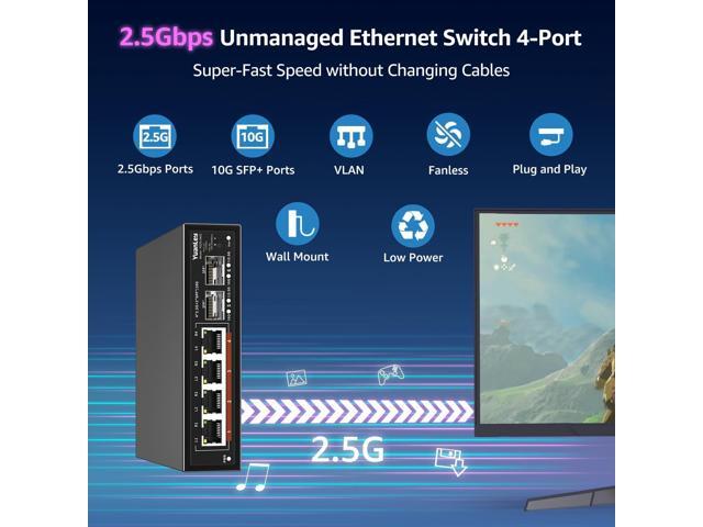 6 Port 2.5G Unmanaged Ethernet Switch, 4 x 2.5G Base-T Ports, 2 x 10G SFP, Compatible with 100/1000/2500Mbps, VLAN, Fanless, Desktop/Wall Mount...
