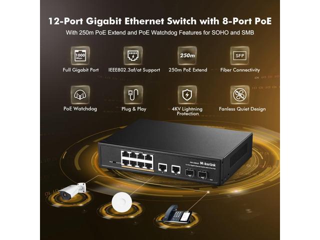 MokerLink 12 Port Gigabit Ethernet Switch, 8 GE PoE+, 2 GE Uplink, 2 Gigabit SFP, Fanless Plug & Play