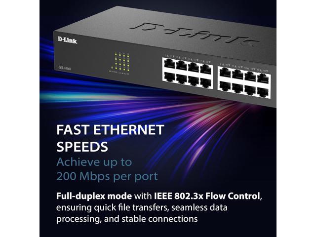 D-Link 16 Port Fast Ethernet Switch Unmanaged 10/100 Mbps Desktop Rackmount Plug and Play Metal Housing Fanless Design EEE (DES-1016D)