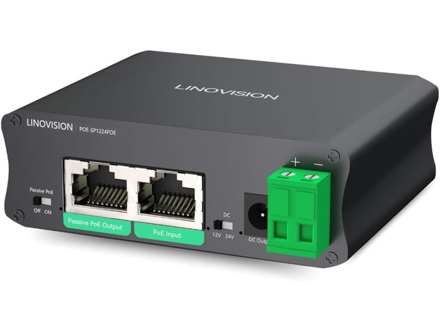 Upgraded LINOVISION Industrial Gigabit 30W PoE Splitter with Switchable DC12V/24V Output and Passive PoE Output for Wireless Bridges Like UB...