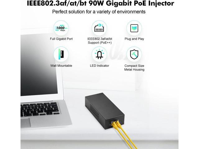 YuLinca Gigabit PoE+ Injector 90W, 802.3af/at/bt Power Over Ethernet Metal PoE Adapter, 10/100/1000Mbps, Non-PoE to PoE Adapter, Plug & Play,...