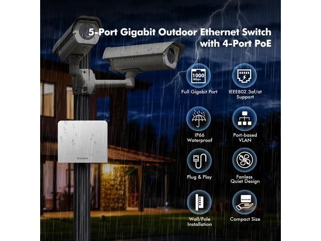 MokerLink 5 Port Outdoor Gigabit POE Switch, with 4 POE+ Ports 1000Mbps, 78W IEEE802.3af/at, Weatherproof Unmanaged Plug and Play Fanless Switch