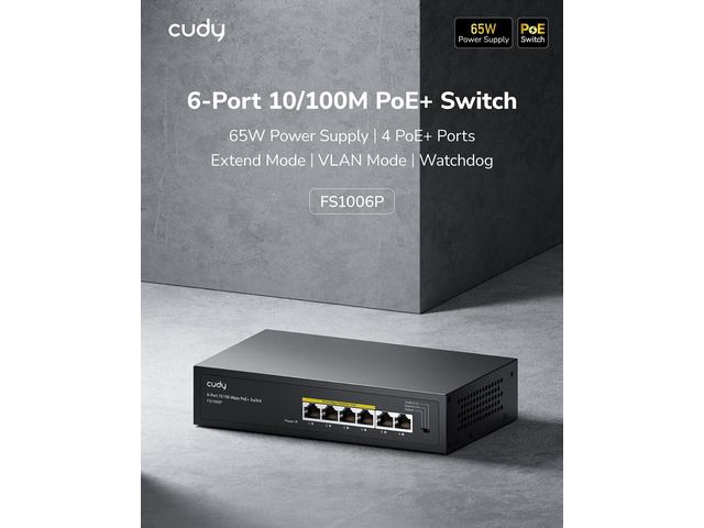 Cudy FS1006P 6-Port 10/100M PoE Switch 60W, 4 PoE Ports, CCTV Mode (Transmit Distance to 250m at 10Mbps), PD Detection,Fan-Less, Steel Case,...