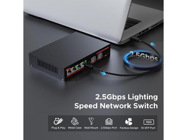 6 Port 2.5G Switch,4×2.5G Ports + 2x10G SFP Ethernet Switch, 60Gbps, Plug & Play, Fanless Metal, VLAN & Lightning Protection for Gaming/NAS/4K/8K...