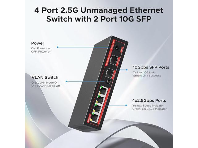 6 Port 2.5G Switch,4×2.5G Ports + 2x10G SFP Ethernet Switch, 60Gbps, Plug & Play, Fanless Metal, VLAN & Lightning Protection for Gaming/NAS/4K/8K...
