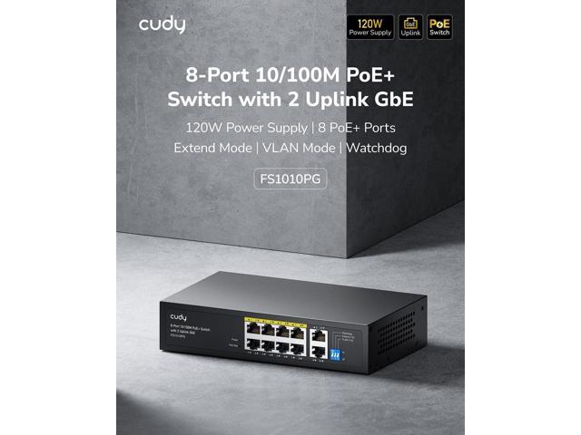 Cudy 8 Port Fast Ethernet 100Mbps PoE Switch 8 PoE+ Ports @120W, Plug & Play Sturdy Metal w/Shielded Ports Extend Mode Priority Mode FS1010PG