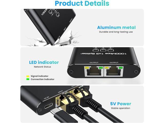 Ethernet Splitter 1 to 3, High Speed Gigabit 1000Mbps, LAN Network Splitter with USB Power Cable, Gigabit RJ45 Internet Ethernet Splitter for Cat...