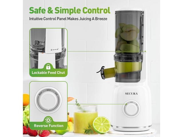 Secura Mesh Free Slow Juicer with Stainless Steel Prong Spiral Auger, Cold Press Juicer, Masticating Juicer Machines with Quiet Motor & Reverse...