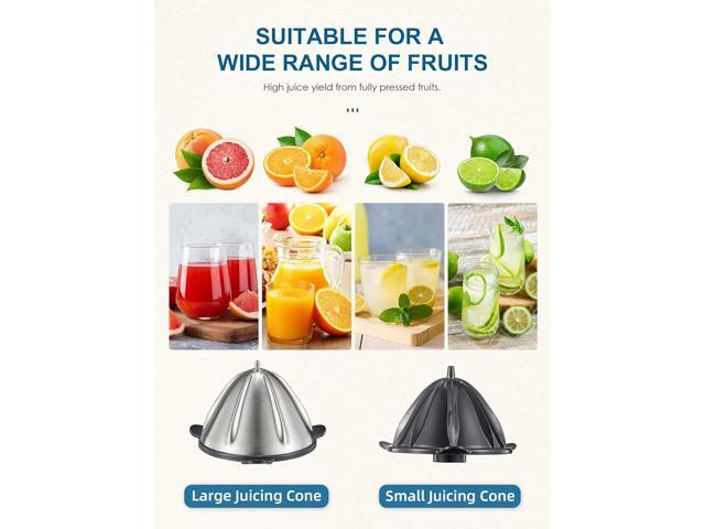 QCen Electric Citrus Juicer Squeezer, Electric Juicer for Orange, Lemon and Limes with Rubber Handle and Two Size Cones, Anti-Drip Spout, Easy to...