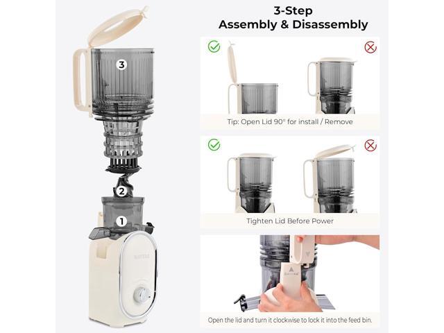 SUSTEAS Cold Press Juicer, 5.3' Feed Chute Slow Masticating Machines with 300W, Fit Whole Fruits & Vegetables, Easy to Clean, High Juice Yield, White
