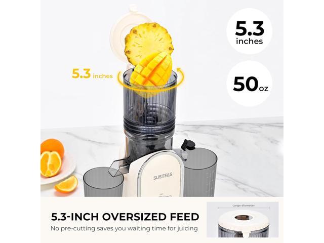 SUSTEAS Cold Press Juicer, 5.3' Feed Chute Slow Masticating Machines with 300W, Fit Whole Fruits & Vegetables, Easy to Clean, High Juice Yield, White