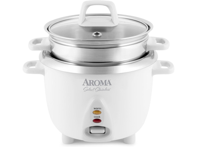 Aroma Housewares 6-Cup (Cooked yield ) / 1.2Qt. Select Stainless Pot-Style Rice Cooker, & Food Steamer, One-Touch Operation, White
