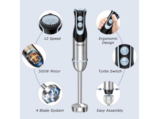 FRESKO Immersion Blender Handheld, 4-in-1 Stainless Steel Hand Electric Stick Mixer with 12-Speeds & Turbo Mode, Powerful 500W Emulsion Blender...