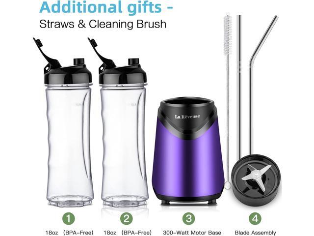 La Reveuse Smoothie Blender Personal Size 300 Watts with 2 Pieces 18 oz BPA-free Travel Sports Bottles,Purple