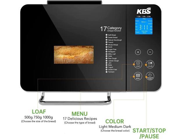 KBS Pro Stainless Steel Bread Machine, 2LB 17-in-1 Programmable XL Bread Maker with Fruit Nut Dispenser, Nonstick Ceramic Pan& Digital Touch Panel,...