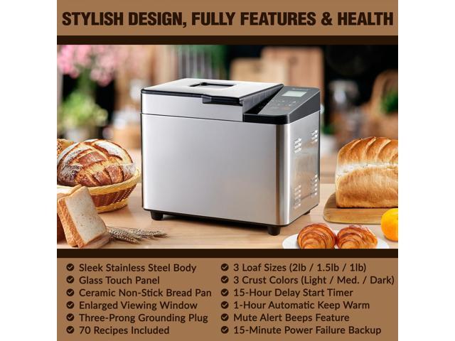 Bread Maker Machine with Ceramic Nonstick Pan, 19 Menus, 2 Pound Stainless Steel Breadmaker with Glass Touch Panel, Gluten Free, Sourdough Starter,...