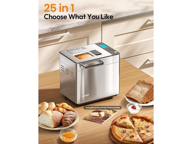 25-in-1 Bread Maker Machine with Automatic Dual Dispenser, 2LB Stainless Steel Breadmaker with Gluten-Free, Dough, Jam, Yogurt etc Settings, Silver