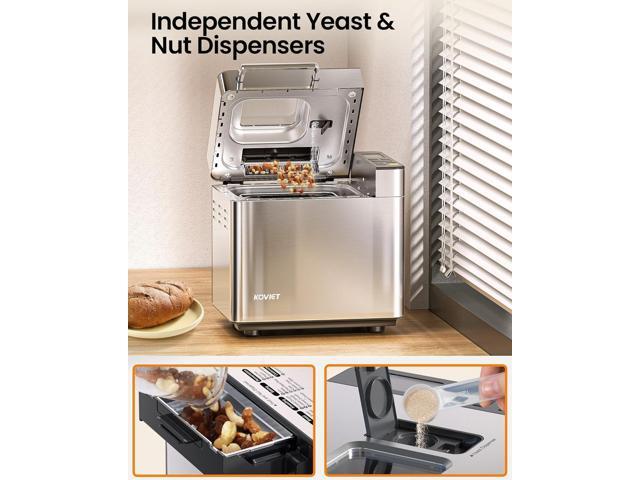 25-in-1 Bread Maker Machine with Automatic Dual Dispenser, 2LB Stainless Steel Breadmaker with Gluten-Free, Dough, Jam, Yogurt etc Settings, Silver