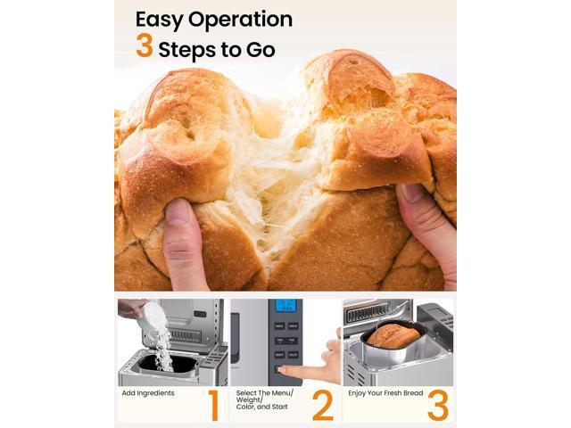 25-in-1 Bread Maker Machine with Automatic Dual Dispenser, 2LB Stainless Steel Breadmaker with Gluten-Free, Dough, Jam, Yogurt etc Settings, Silver
