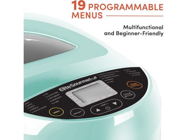 Elite Gourmet EBM8103M Programmable Bread Maker Machine 3 Loaf Sizes, 19 Menu Functions Gluten Free White Wheat Rye French and more, 2 Lbs, Mint