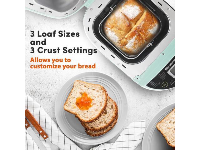 Elite Gourmet EBM8103M Programmable Bread Maker Machine 3 Loaf Sizes, 19 Menu Functions Gluten Free White Wheat Rye French and more, 2 Lbs, Mint