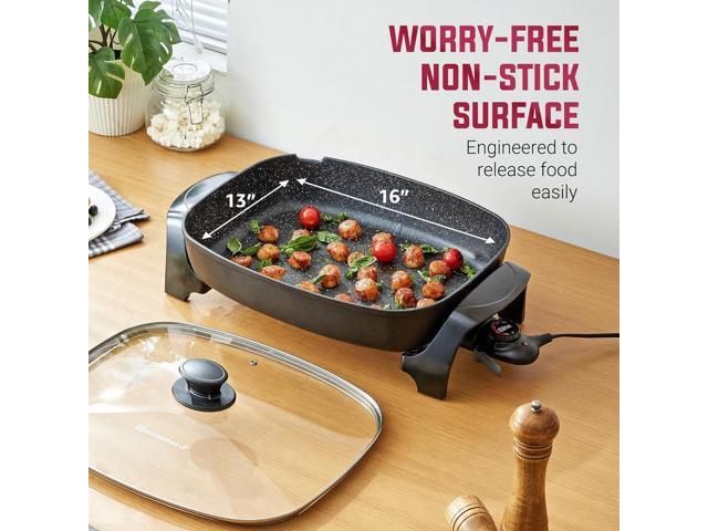 Elite Gourmet EG-6203# Extra Deep 16'x13'x3.2' (10.5Qt.) Scratch Resistant, Easy Pour Spout Dishwasher Safe, Non-stick Electric Skillet with Glass...