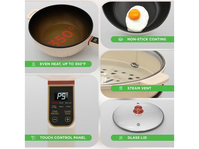 NutriChef 2 In 1 Electric Frying Pan & Steamer 8 Quarts Portable Non-Stick Skillet for Cooking Durable Heat Safe Handle Touch Control Panel ...