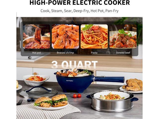 Non-Stick Electric Hot Pot 3-Quart with Steamer & Multi-Cooker Electric Stir Fry Pan & Wok, 1200W for Sizzling Ramen, Soup, Stir-Fry Dorm,...