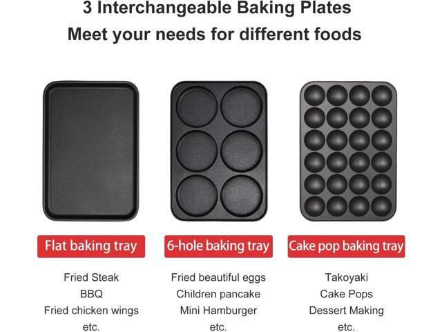 Multifunction Nonstick Baking Maker with 3 Interchangeable Baking Plates for Fried Eggs, Fried Steak, Takoyaki, Cake Pops, Grill Maker, RED-1