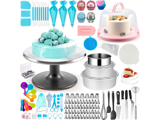 Aluminum Alloy Revolving Cake Stand & Carrier - 268PCS Kit with 54 Piping Tips, Acrylic Cake Discs, Various Spatulas