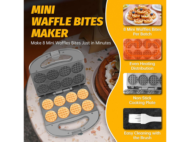Mini Waffle Maker Machine, Small Waffle Bites Maker for Kids, Makes 8 x 2 Tiny Waffle Bites, Ideal for Breakfast, Snacks, Desserts and More
