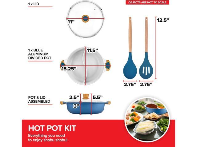Nonstick Hot Pot with Divider, Blue Shabu Shabu with Silicone Spoons, Divided Cooker for Two Broths, Compatible with Induction, Gas Stove, or Grill