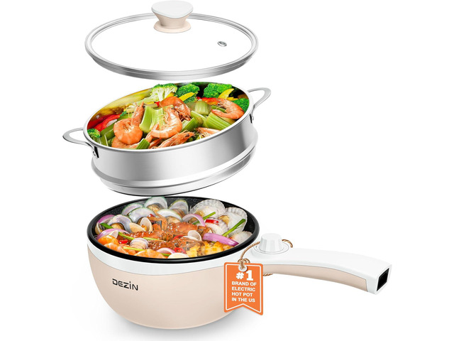 Dezin Hot Pot Electric with Steamer Upgraded, Non-Stick Sauté Pan, Rapid Noodles Electric Pot, 1.5L Mini Pot for Steak, Egg, Fried Rice, Ramen,...