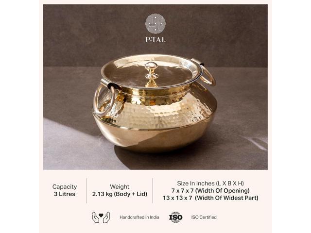 P-TAL Brass Patili with Lid and Handles for Cooking Teflon Free Degchi 3L Brass Handi for Cooking
