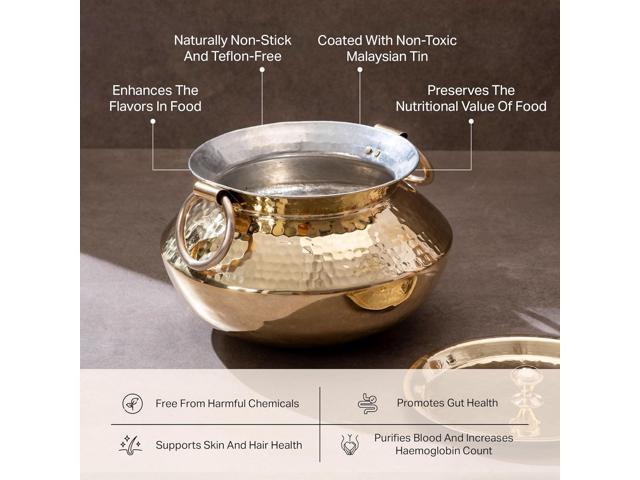 P-TAL Brass Patili with Lid and Handles for Cooking Teflon Free Degchi 3L Brass Handi for Cooking