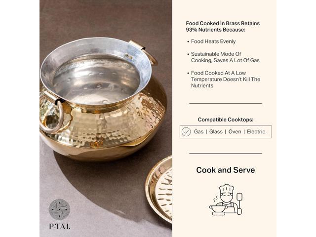 P-TAL Brass Patili with Lid and Handles for Cooking Teflon Free Degchi 3L Brass Handi for Cooking