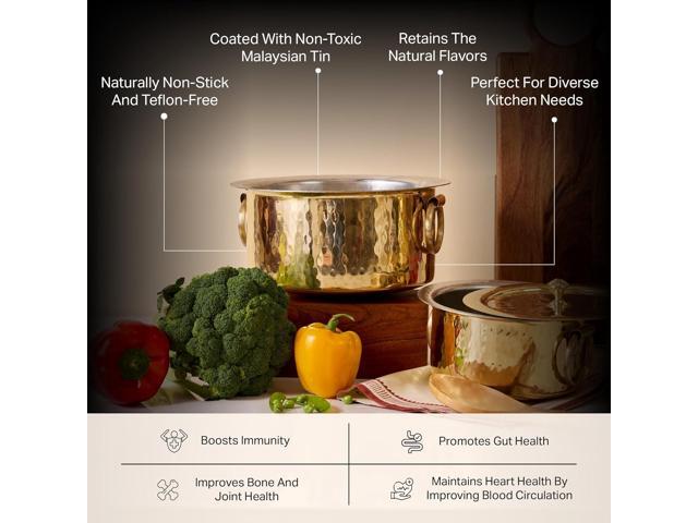 P-TAL Brass Stock Pot with Lid Naturally Nonstick and Toxin Free Pasta Pot Multipurpose Cooking Pot, PFOA and PTFE Free (1 Quart)