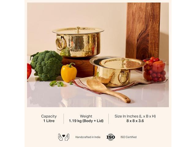 P-TAL Brass Stock Pot with Lid Naturally Nonstick and Toxin Free Pasta Pot Multipurpose Cooking Pot, PFOA and PTFE Free (1 Quart)