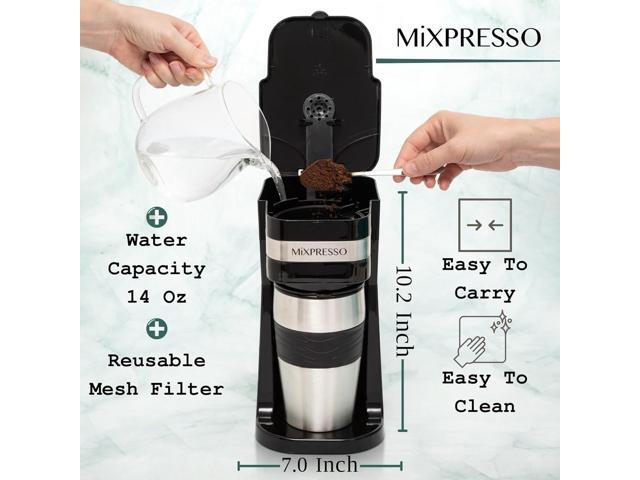 Mixpresso Personal Single Serve Coffee Maker & 14oz Travel Mug, Drip Small Coffee Maker & Tumbler, Auto Shut Off & Reusable Filter, Works with...