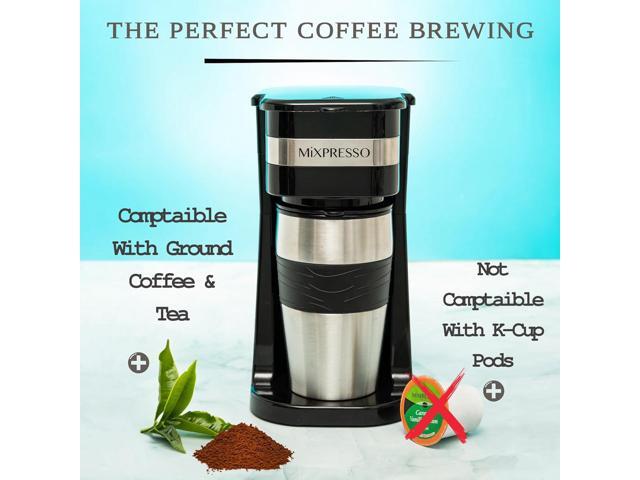 Mixpresso Personal Single Serve Coffee Maker & 14oz Travel Mug, Drip Small Coffee Maker & Tumbler, Auto Shut Off & Reusable Filter, Works with...