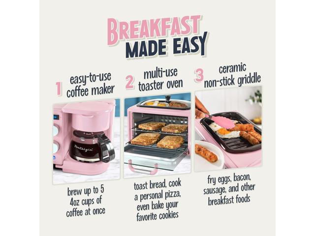 Nostalgia 3-in-1 Retro Breakfast Station - Includes 5 Cup Coffee Maker, Non-Stick Ceramic Griddle, and 4-Slice Toaster Oven - Built-In Timer,...