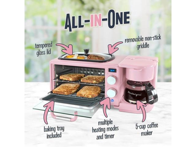 Nostalgia 3-in-1 Retro Breakfast Station - Includes 5 Cup Coffee Maker, Non-Stick Ceramic Griddle, and 4-Slice Toaster Oven - Built-In Timer,...