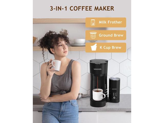 3IN1 Single Serve Coffee Maker for K Cup & Ground, Small Coffee Machine with Milk Frother, 6-14oz Brew Size, 28oz Water Tank, Adjustable Drip Tray