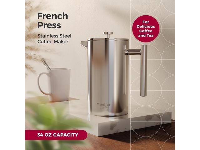 MuellerLiving French Press Coffee Maker 34oz, Stainless Steel French Press Coffee, 4 Filter Heat Resistant Double Insulated, Rust-Free, Food Grade,...